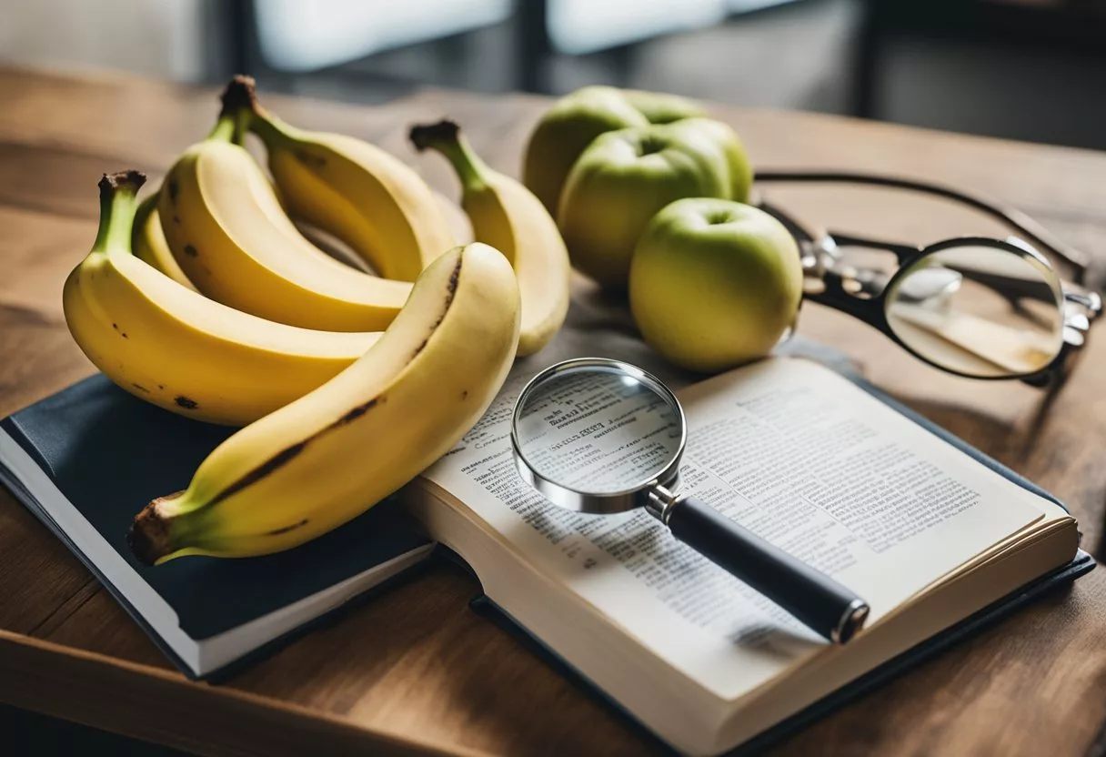 A ripe banana sits on a wooden table, surrounded by open books and scientific journals. A magnifying glass hovers over the fruit, capturing the essence of research and discovery