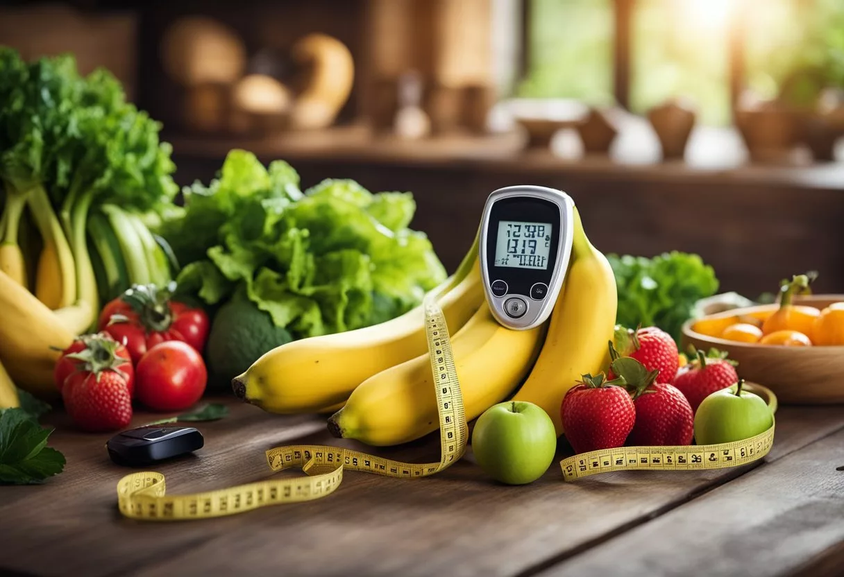 A ripe banana rests on a wooden table, surrounded by a measuring tape, a heart rate monitor, and a vibrant mix of fruits and vegetables