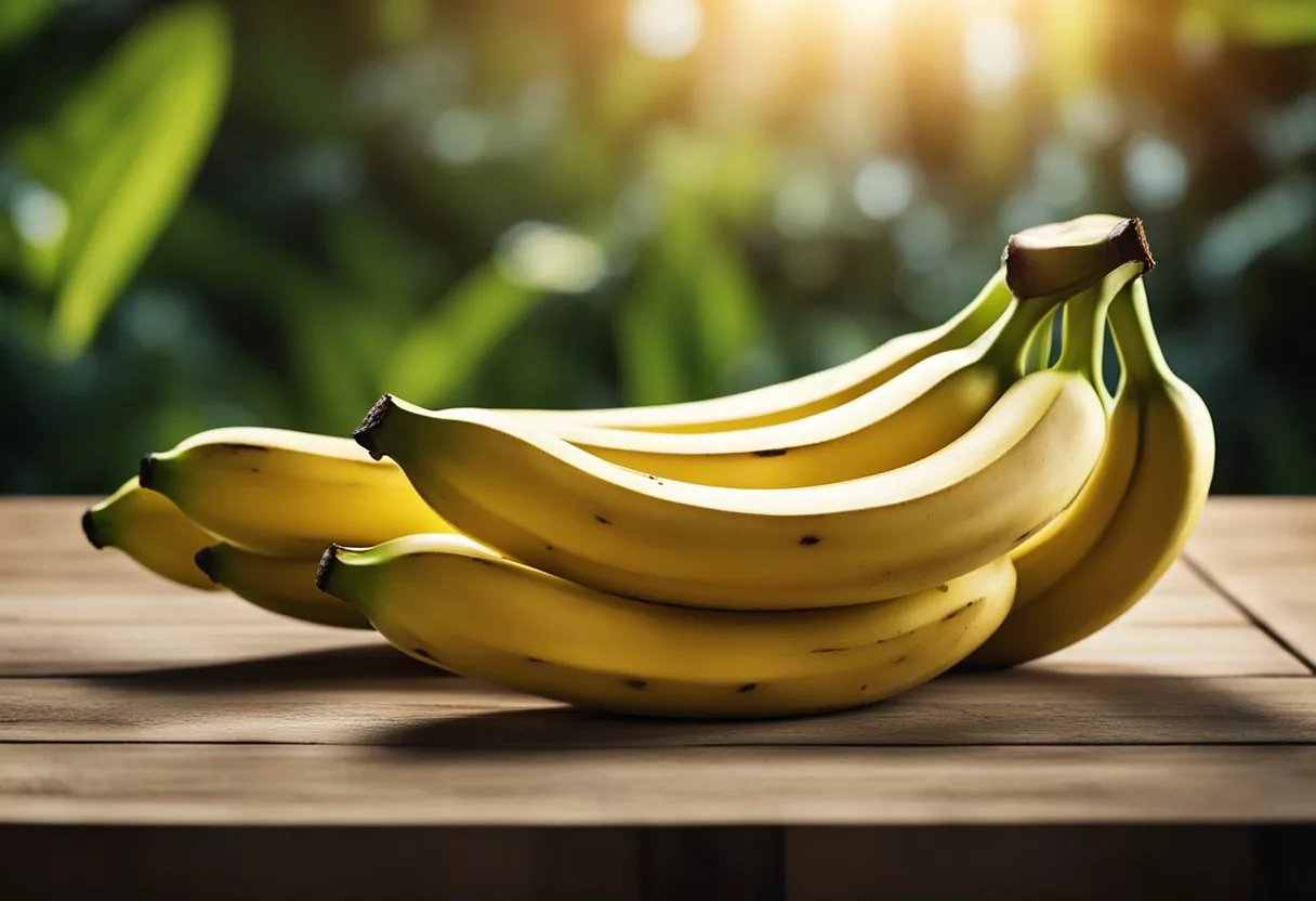 A bunch of ripe bananas sits on a wooden table. A peeled banana is surrounded by a halo of glowing light, symbolizing the health benefits of daily consumption