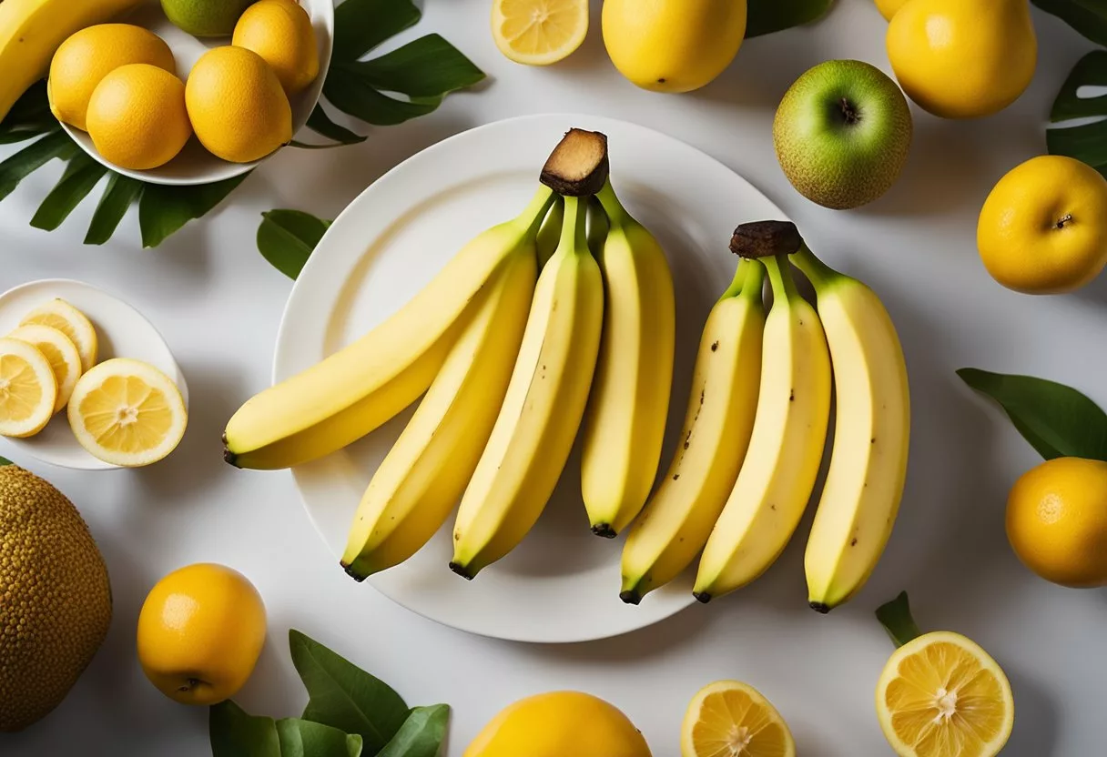 A banana sits on a plate, surrounded by other fruits. A beam of light shines on it, highlighting its vibrant yellow color and inviting appearance