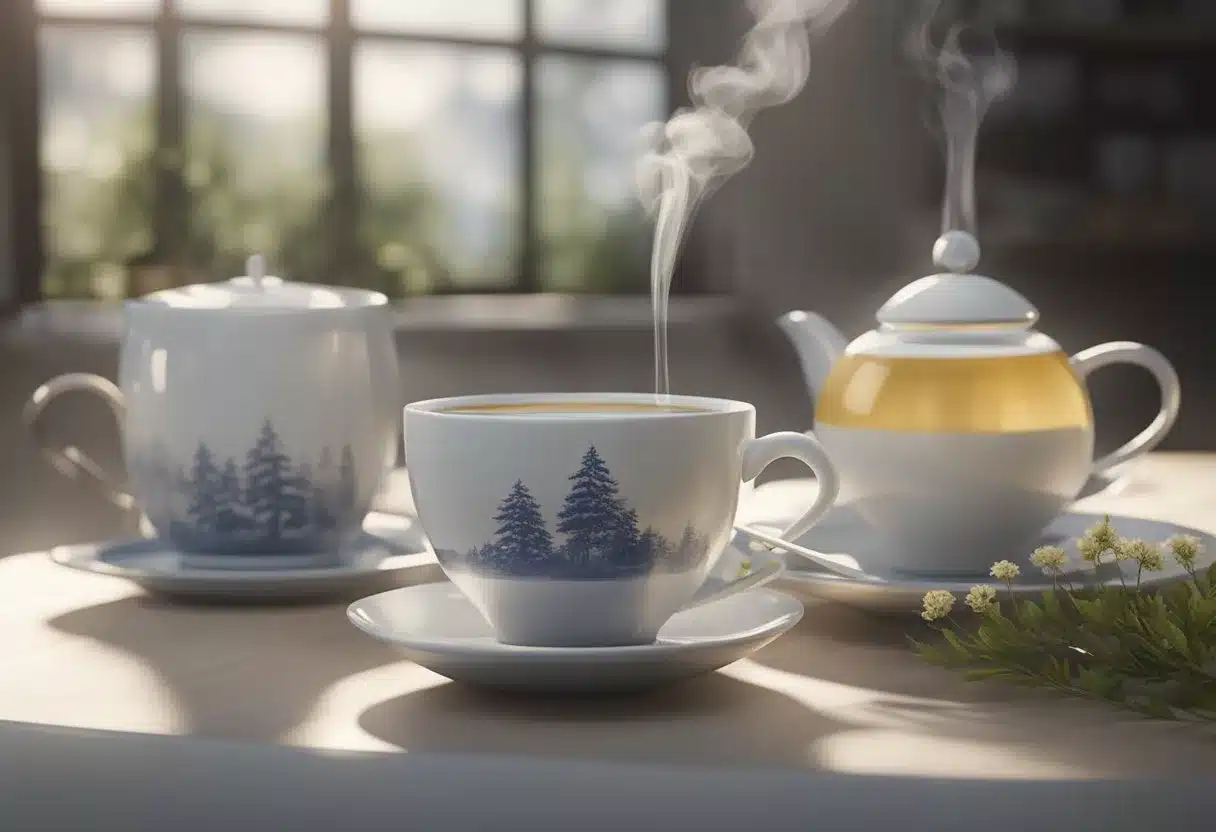 A serene setting with a steaming cup of white tea surrounded by a variety of potential side effects and considerations written in elegant script