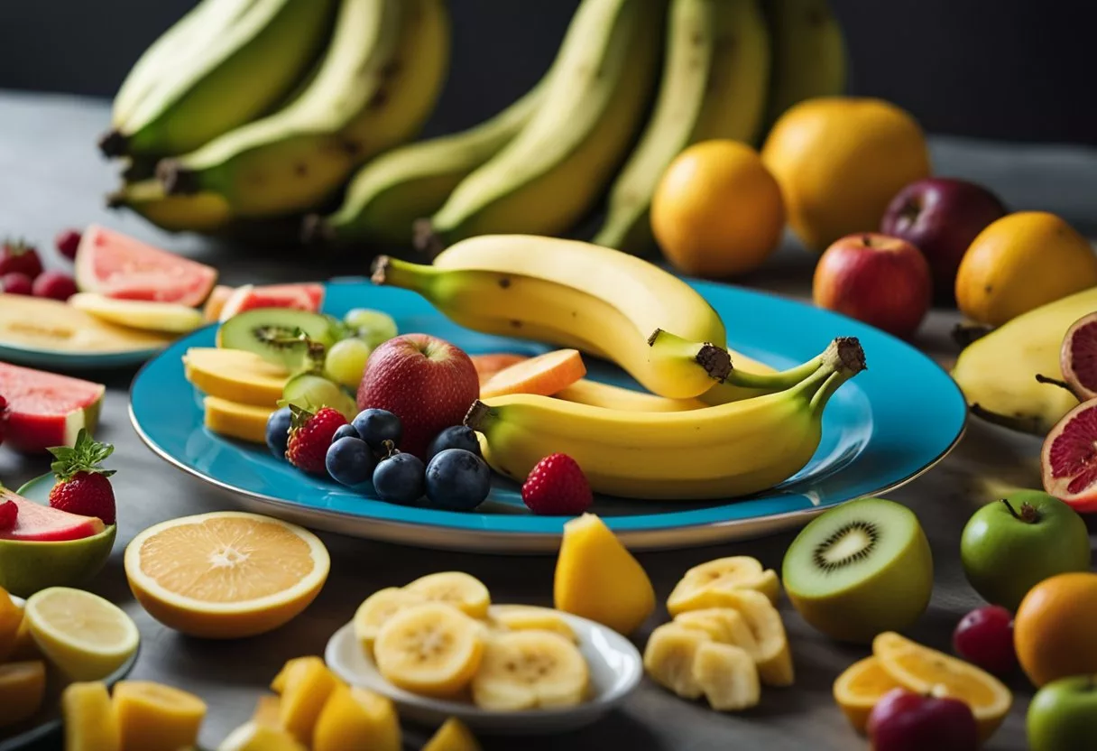 A banana sits on a colorful plate surrounded by other fruits. A glowing halo of health and vitality emanates from the banana, symbolizing disease prevention