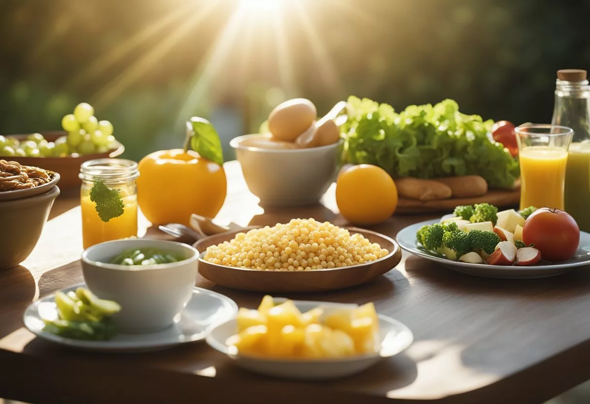 A bright sun shines down on a table filled with foods rich in Vitamin D3. A beam of light highlights the foods, emphasizing their importance in a healthy diet