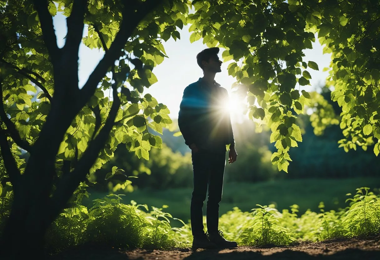 A bright sun shining down on a person's shadow, with the person standing tall and strong, surrounded by vibrant green plants and clear blue skies