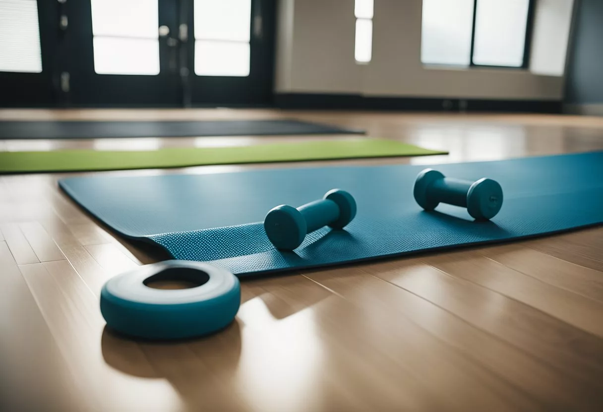 A set of weights, a yoga mat, and a water bottle scattered around a room. Sweat drips down the surface of a treadmill and a resistance band is stretched across a corner