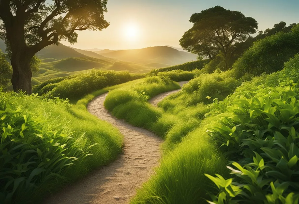 A vibrant, lush green landscape with a winding path leading to a glowing, radiant sun, symbolizing the long-term health benefits of daily exercise