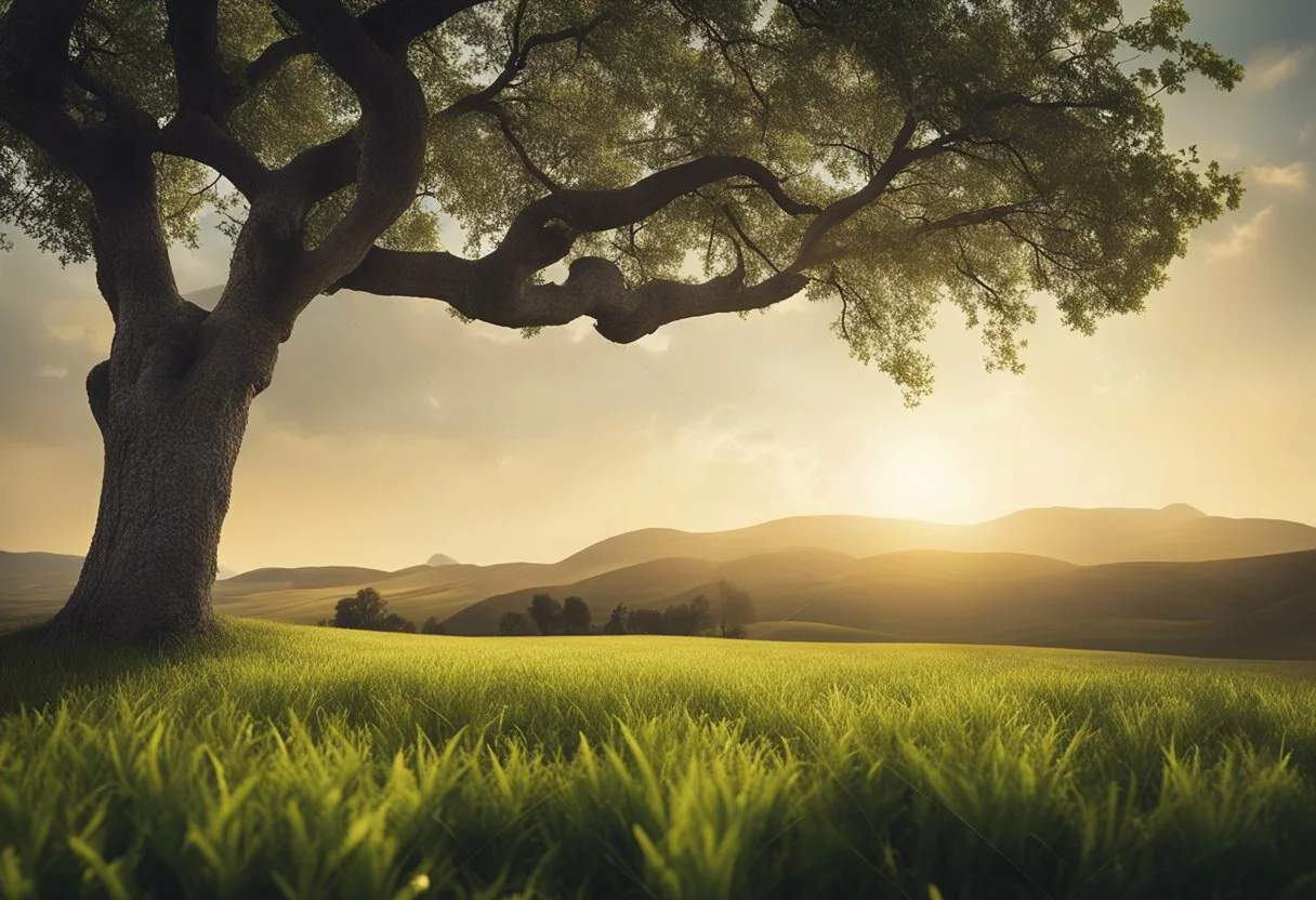 A serene landscape with a lone tree, symbolizing rest and recovery. Surrounding plants show signs of growth and renewal, while the sky is clear and bright