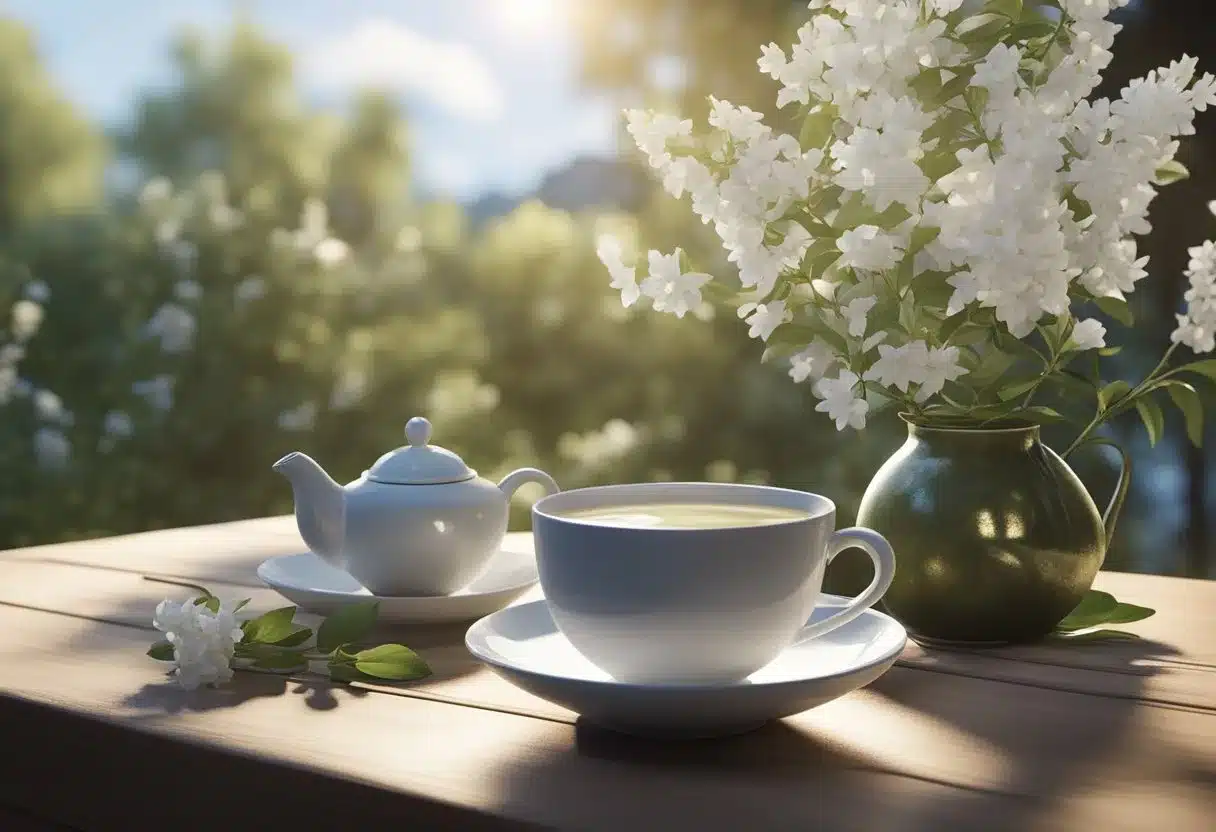 A serene setting with a cup of white tea surrounded by natural elements like flowers, leaves, and a peaceful atmosphere