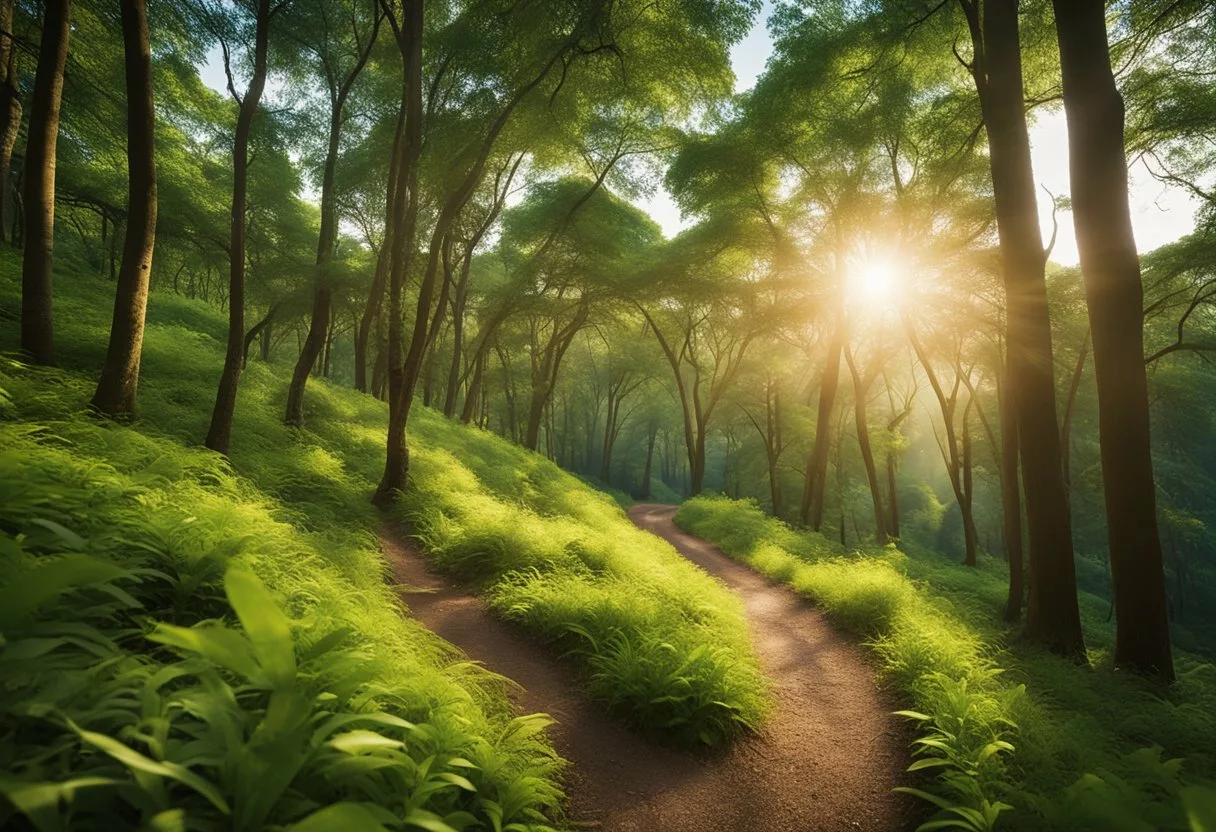 A lush green forest with a winding trail, a clear blue sky, and a vibrant sunrise. Birdsong fills the air as the trail leads to a serene, open clearing, creating a sense of peace and rejuvenation