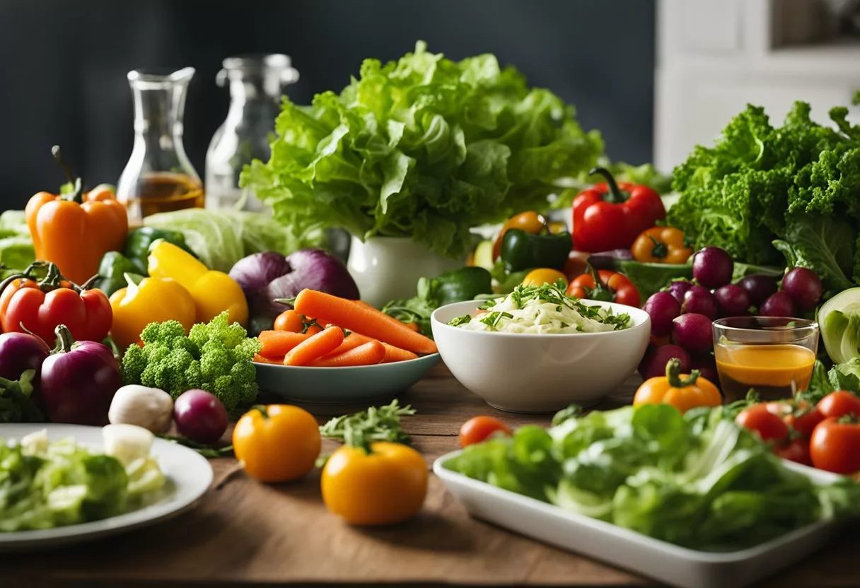 A table with a colorful array of fresh vegetables, a fork, and a salad bowl. A radiant glow surrounds the scene, conveying health and vitality