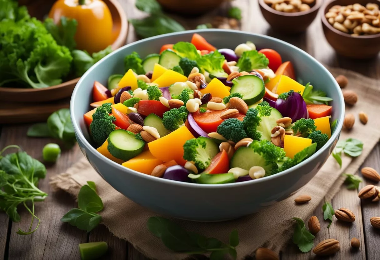 A vibrant bowl of fresh, colorful vegetables, topped with nuts and seeds, sits on a wooden table. A halo of glowing energy surrounds it, symbolizing the nourishing benefits of daily salad consumption