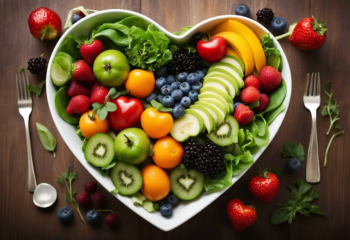 A colorful salad bowl surrounded by fresh vegetables and fruits, with a heart symbol in the center, representing cardiovascular health benefits