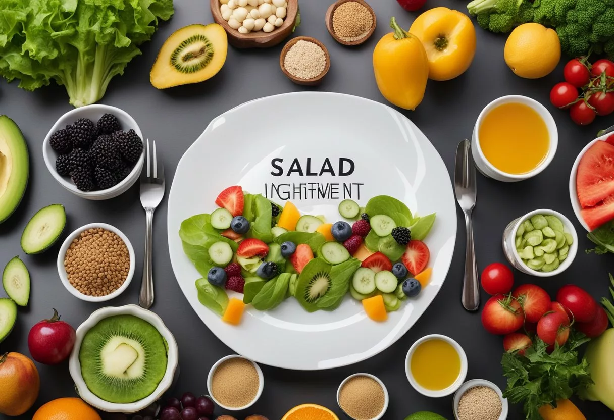 Fresh salad ingredients arranged on a plate, surrounded by vibrant fruits and vegetables. A brain and metabolic health chart in the background