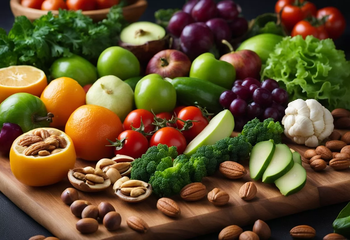 A variety of fresh vegetables, fruits, and nuts arranged on a cutting board. A vibrant mix of colors and textures