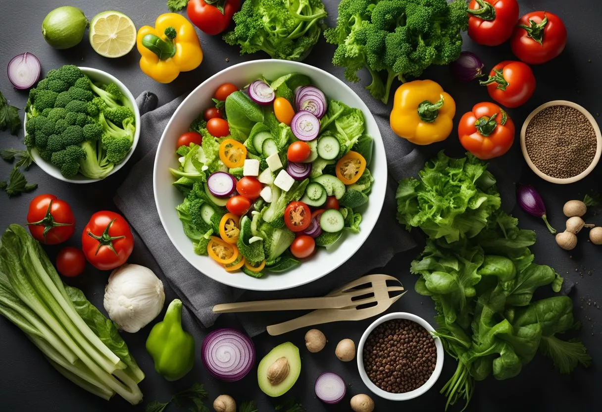 A salad bowl surrounded by measuring tape, a scale, and a variety of fresh vegetables