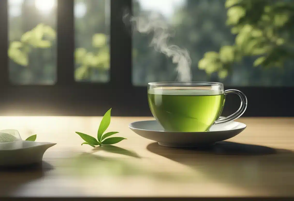 A cup of green tea sits on a table, steam rising from the surface. A serene and peaceful atmosphere surrounds the scene, evoking a sense of calm and well-being