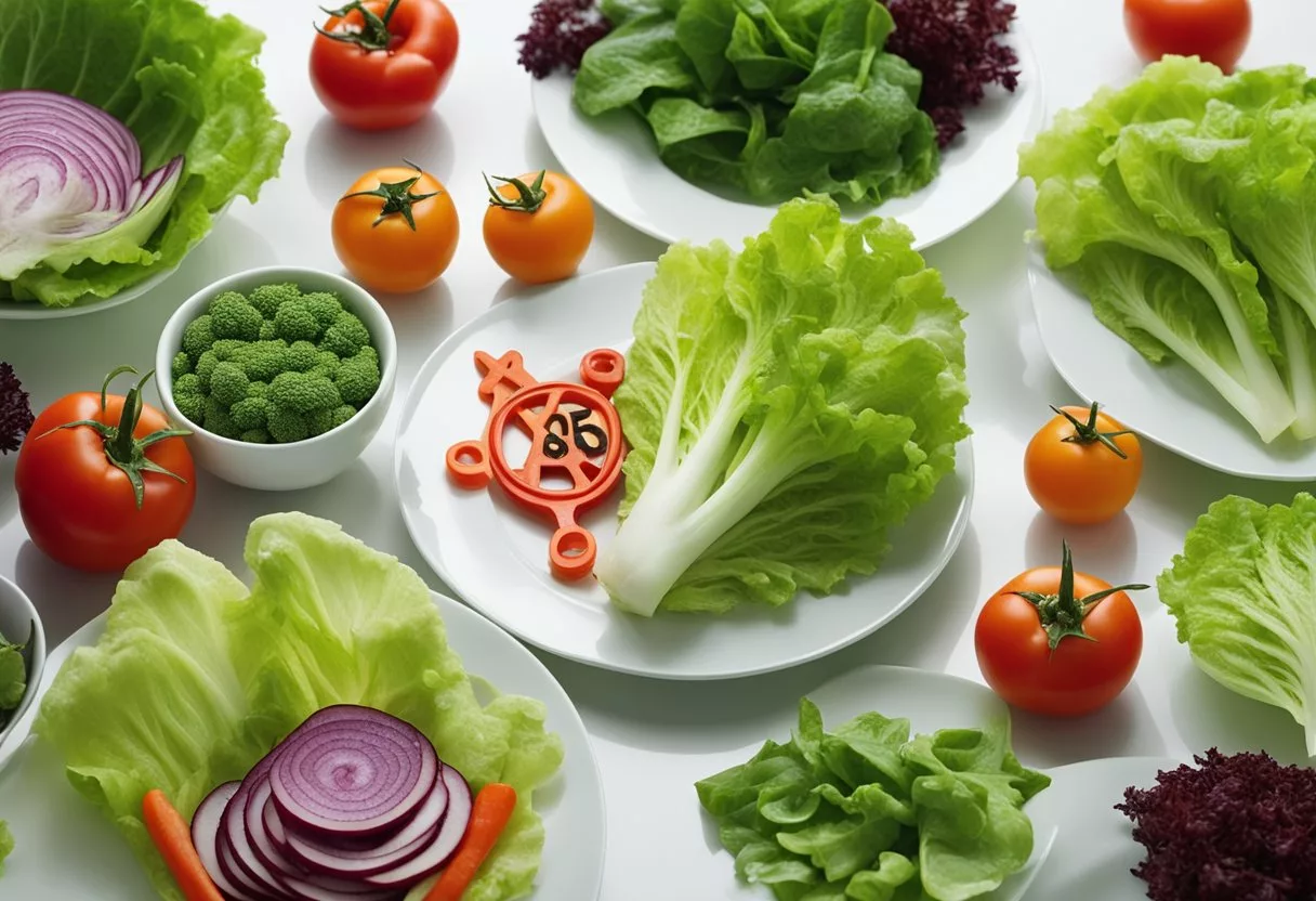 A pile of wilted lettuce and vegetables on a plate, with a warning sign and a red X over it, surrounded by images of stomach pain and discomfort