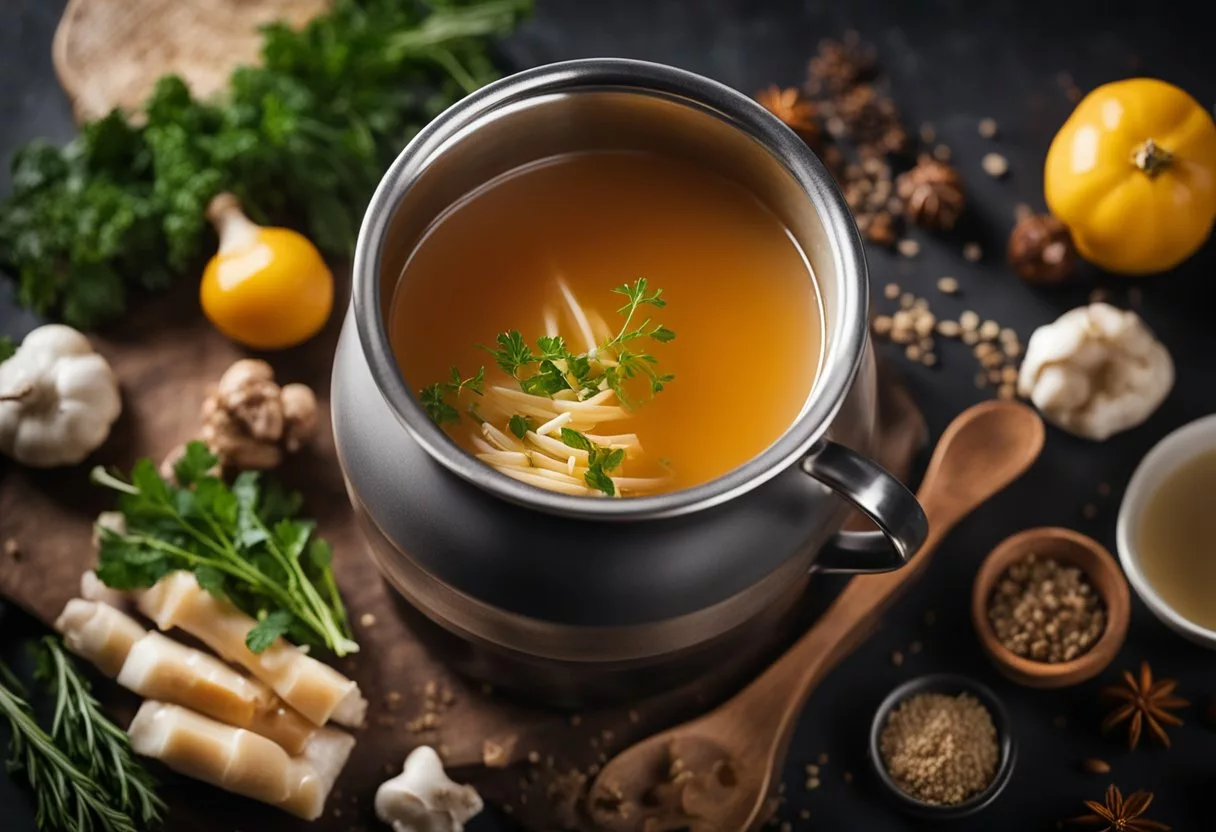 A steaming pot of bone broth surrounded by various ingredients and a mug, with a warm, comforting atmosphere