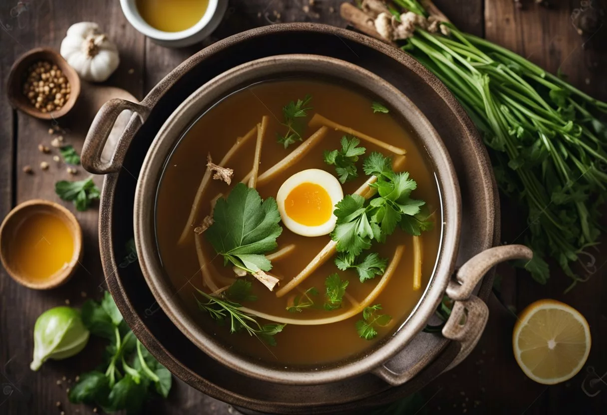 A steaming pot of bone broth sits on a rustic wooden table, surrounded by an array of fresh, organic ingredients. The aroma of the broth fills the air, evoking a sense of warmth and nourishment