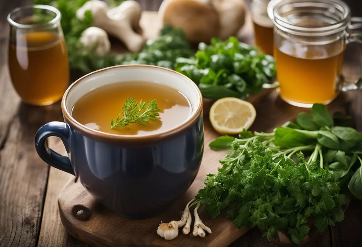 A steaming mug of bone broth sits on a wooden table, surrounded by fresh herbs and vegetables. A warm, comforting aroma rises from the mug, evoking feelings of nourishment and well-being