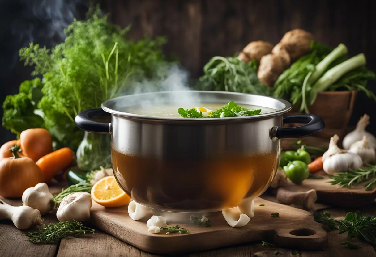 A steaming pot of bone broth sits on a rustic wooden table, surrounded by fresh herbs and vegetables. Steam rises from the pot, creating a cozy and inviting atmosphere