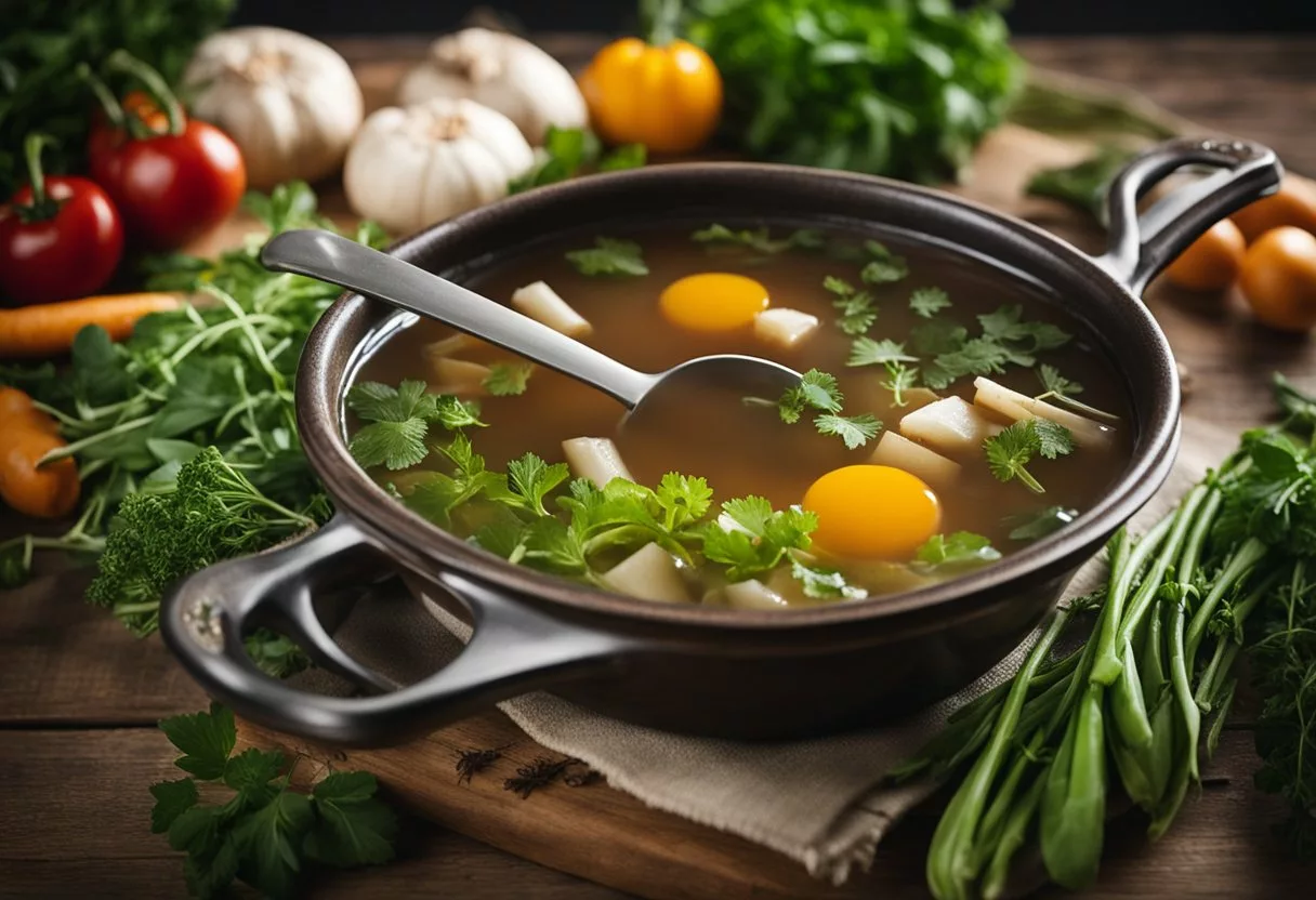 A steaming pot of bone broth sits on a rustic wooden table, surrounded by an array of fresh herbs and vegetables. A warm, comforting aroma fills the air, evoking a sense of nourishment and wellness