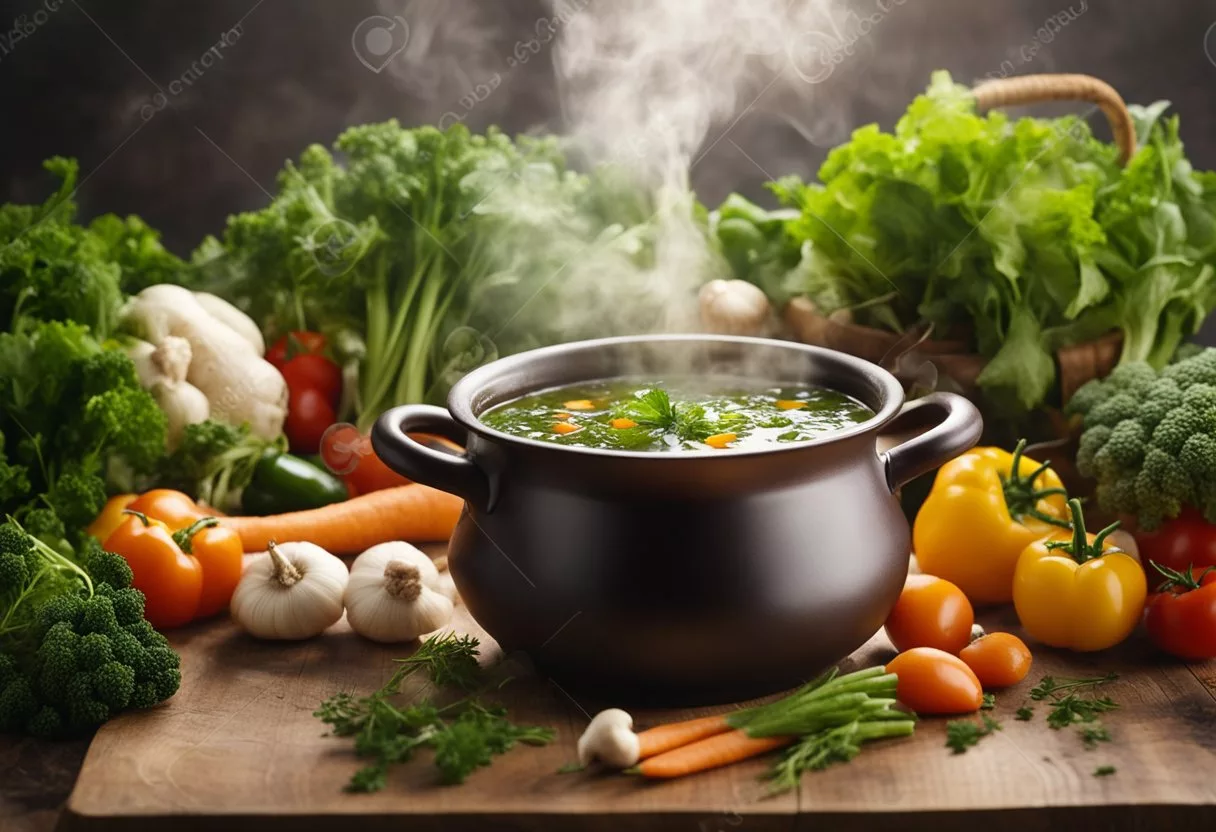 A steaming pot of bone broth surrounded by fresh vegetables and herbs, with a warm, comforting aroma wafting through the air