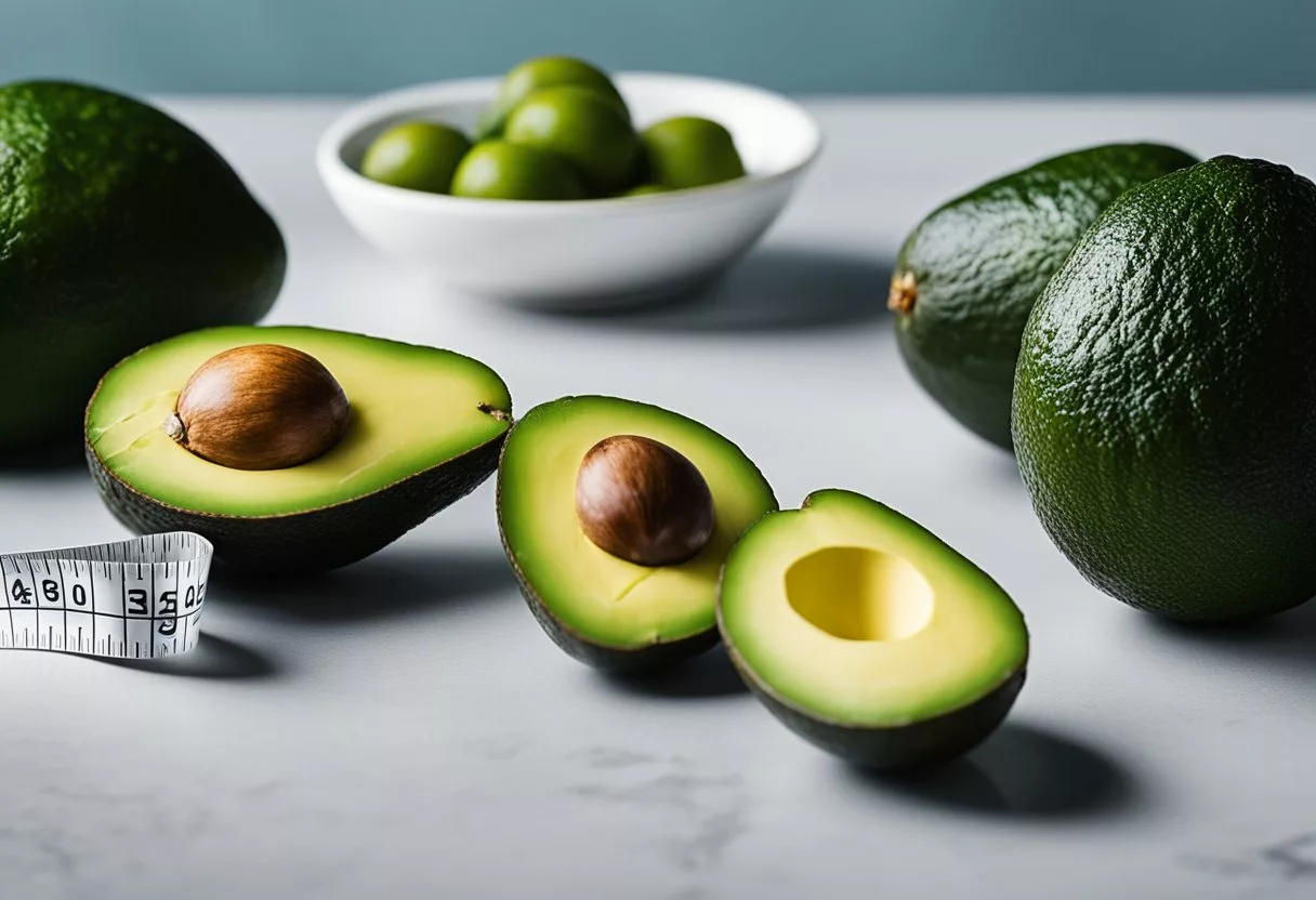 A table with avocados, a measuring tape, and a healthy heart symbol