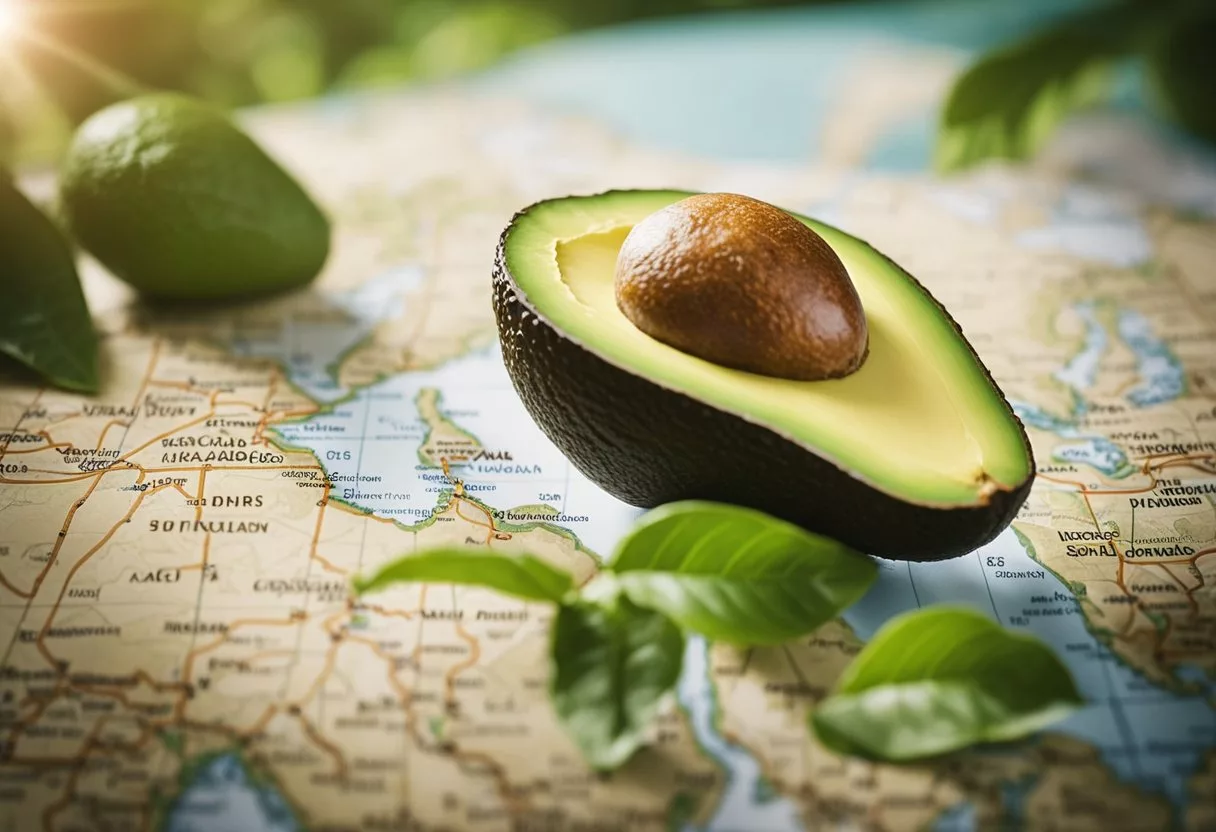 A ripe avocado sits atop a world map, radiating health benefits across continents. Nutrient-rich soil nourishes the tree, symbolizing its global impact on nutrition