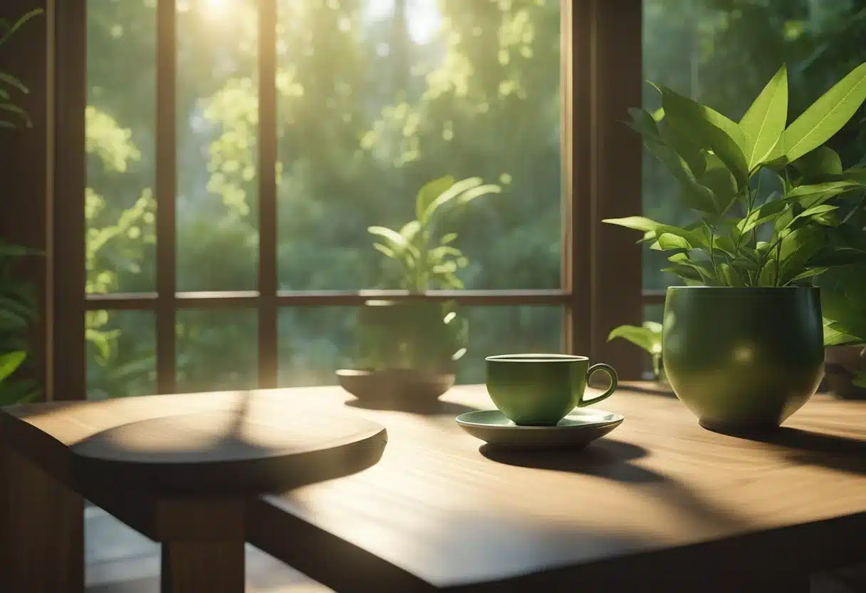 A serene, sunlit room with a steaming cup of green tea on a wooden table, surrounded by lush greenery and a sense of calm and tranquility
