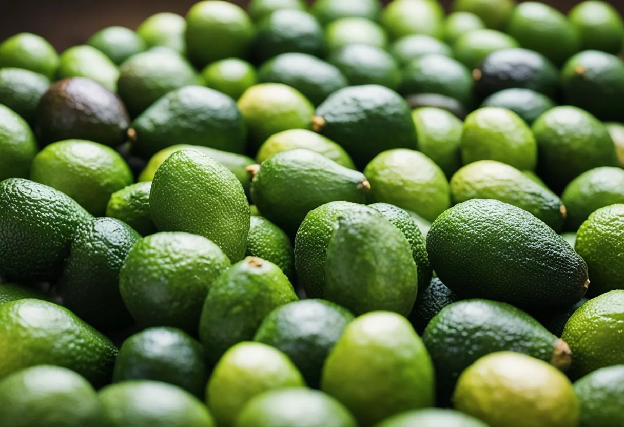 A pile of avocados stacked on a table, with a thought bubble above them showing various potential considerations and side effects