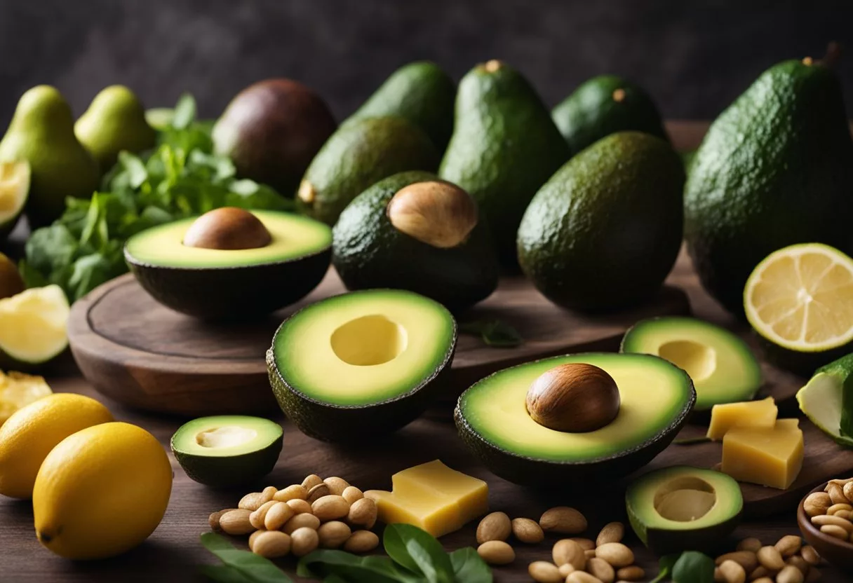 A pile of avocados, some whole and others sliced, surrounded by a variety of healthy foods. A glowing aura emanates from the avocados, symbolizing the positive effects on the body