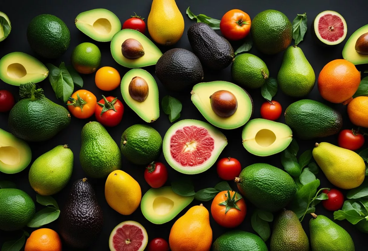 A colorful spread of avocados, surrounded by vibrant fruits and vegetables, with a glowing, healthy body in the background