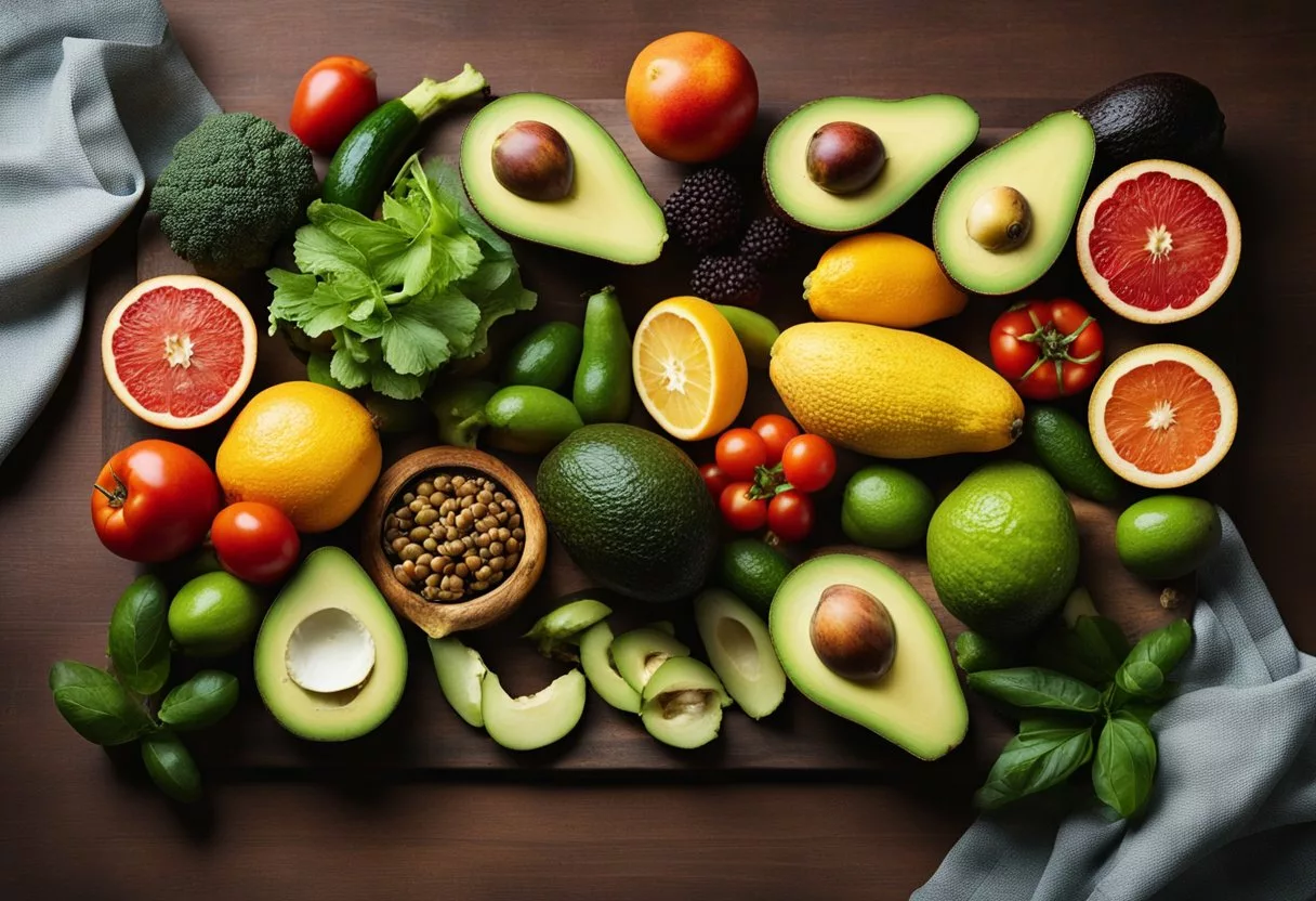 A table with a variety of fresh fruits and vegetables, including avocados, arranged in a balanced and colorful display