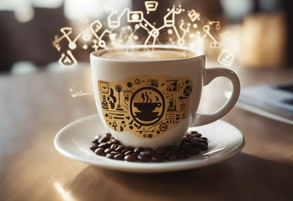 A coffee cup surrounded by energy-boosting symbols, with a body silhouette gaining vigor and alertness