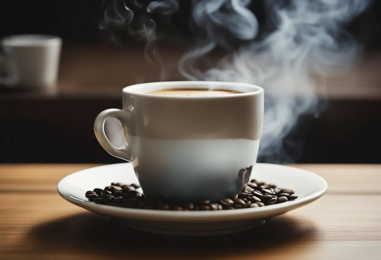 A steaming cup of coffee sits on a table, surrounded by scattered coffee beans. A person's silhouette looms in the background, suggesting the impact of daily coffee consumption on health