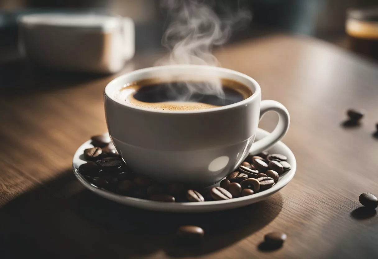 A steaming cup of coffee sits on a table, surrounded by scattered pills and a warning label. A shadow looms over, hinting at the potential risks and side effects of daily consumption