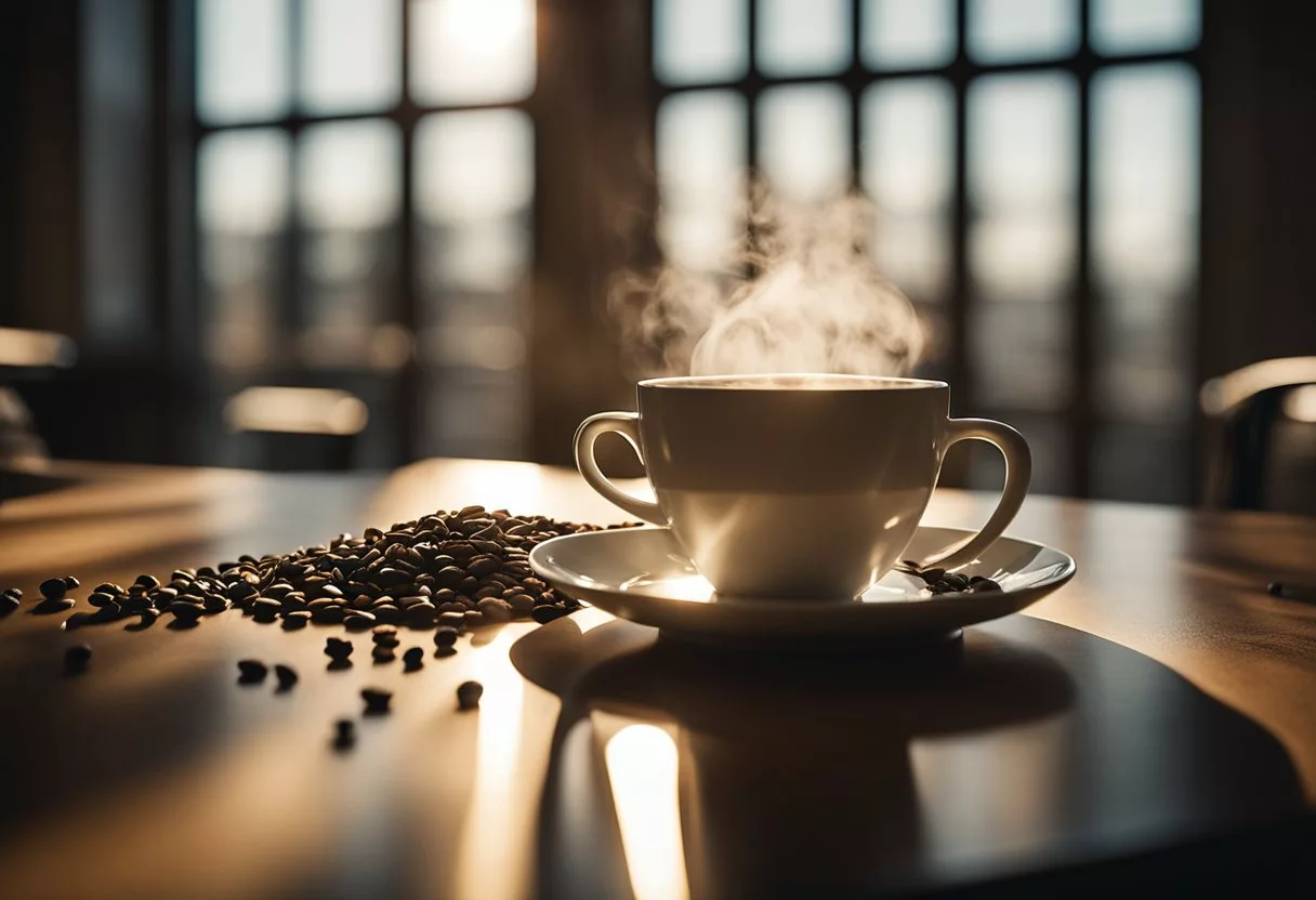 A steaming cup of coffee sits on a table, surrounded by scattered coffee beans and a brewing device. Rays of sunlight filter through a window, casting a warm glow on the scene