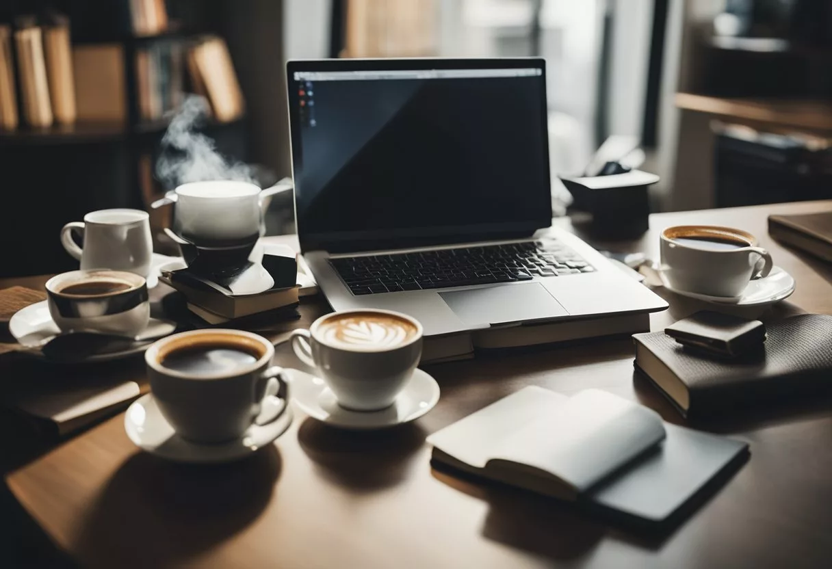 A steaming cup of coffee sits on a table, surrounded by a laptop, books, and a busy schedule. A person's routine is evident through the organized chaos of their daily life