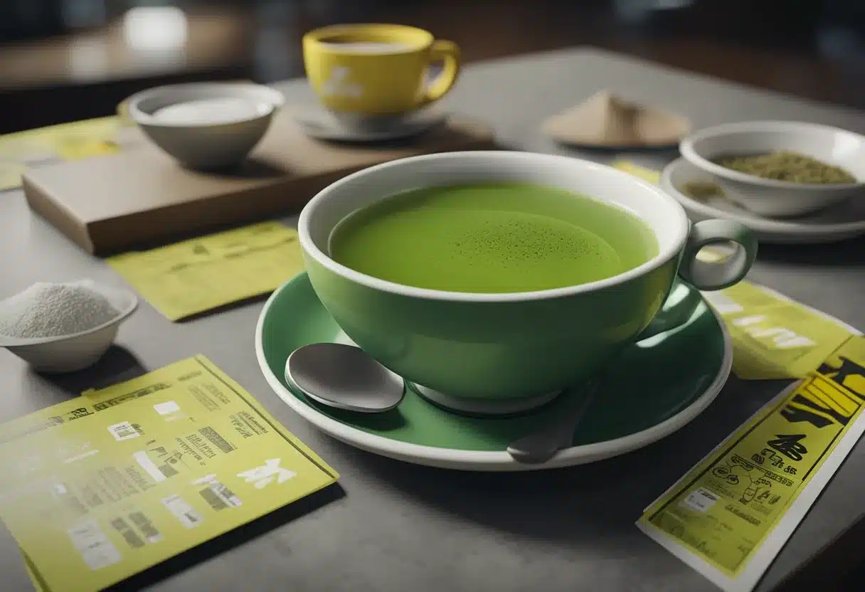 A steaming cup of green tea sits on a table, surrounded by warning signs and caution tape. A list of potential risks and side effects hovers nearby