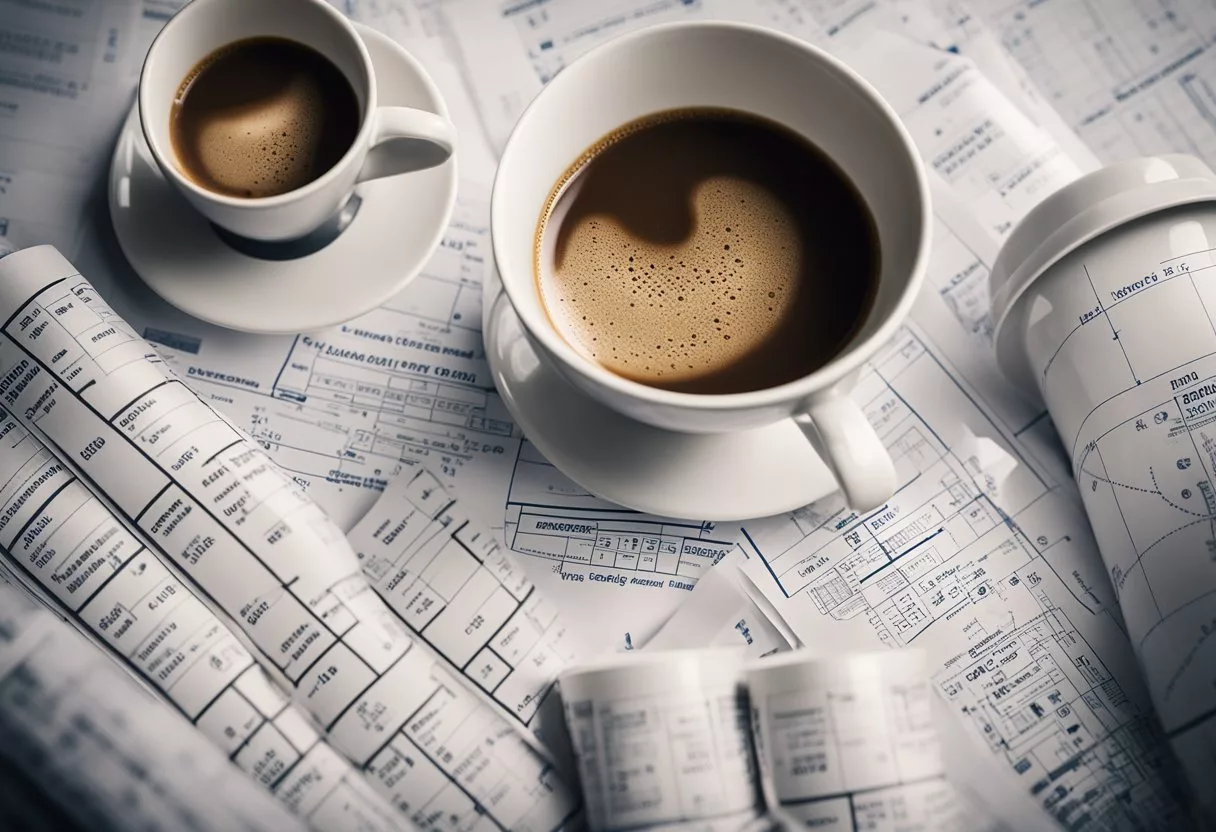 A stack of coffee cups with a shadowy figure standing behind them, surrounded by medical charts and diagrams showing various bodily systems