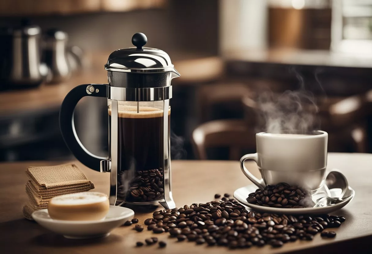 A steaming cup of coffee sits on a table, surrounded by a variety of coffee-related items such as beans, a grinder, and a French press. A book titled "Recommendations for Coffee Drinkers" is open nearby