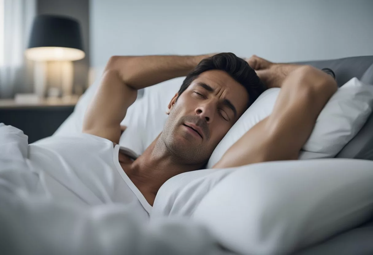 A figure lying in bed, exhausted, with a worn-out expression. Surrounding the figure are various signs of physical fatigue and strain, such as aching muscles and lack of energy