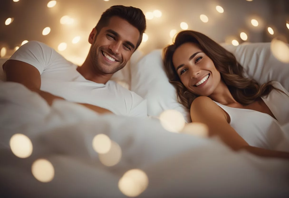 A couple lying in bed, smiling and relaxed, with a glowing aura around them. Their bodies appear rejuvenated and energized, with a sense of overall well-being