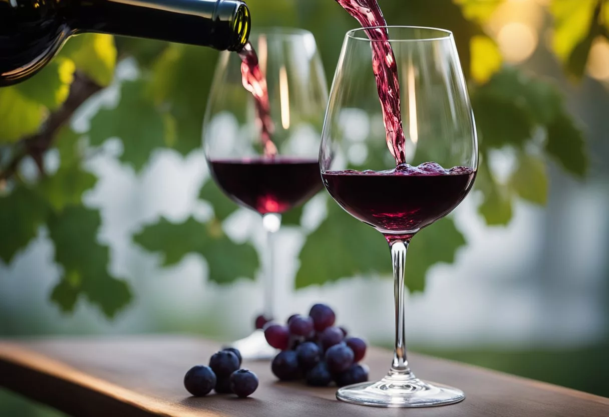 A glass of red wine being poured into a crystal goblet, with a backdrop of grapevines and a warm, inviting atmosphere