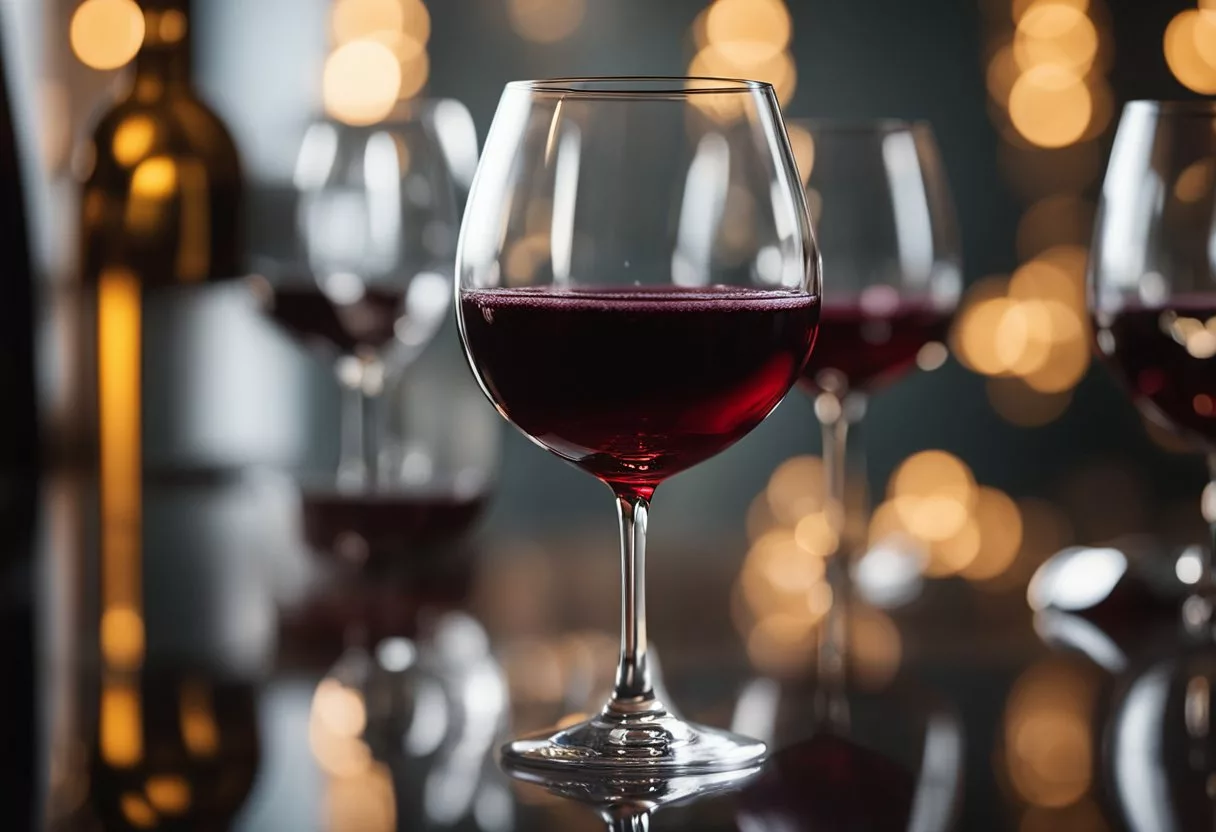 A glass of red wine is poured into a crystal goblet, the rich burgundy liquid swirling gently as it fills the vessel, creating a sense of warmth and relaxation