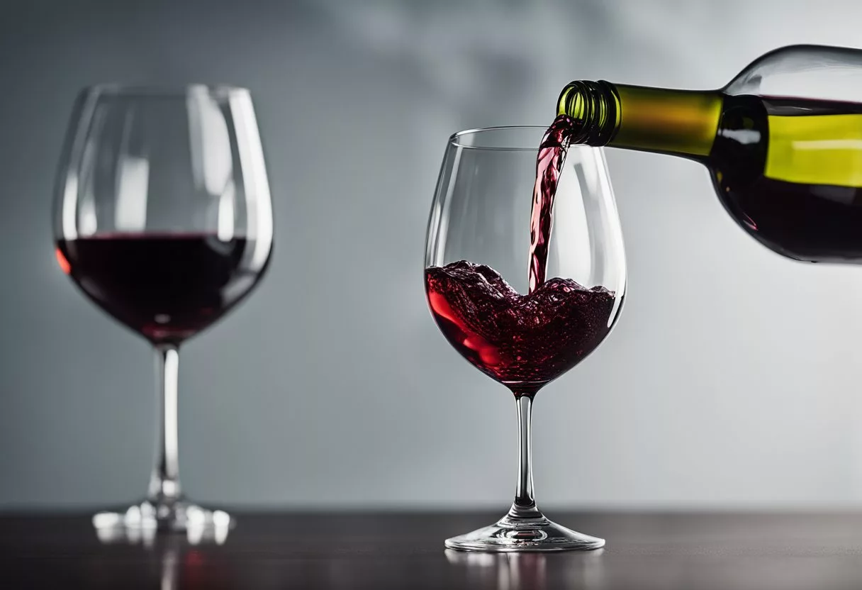 A glass of red wine being poured into a wine glass, with a heart symbol in the background to represent cardiovascular effects