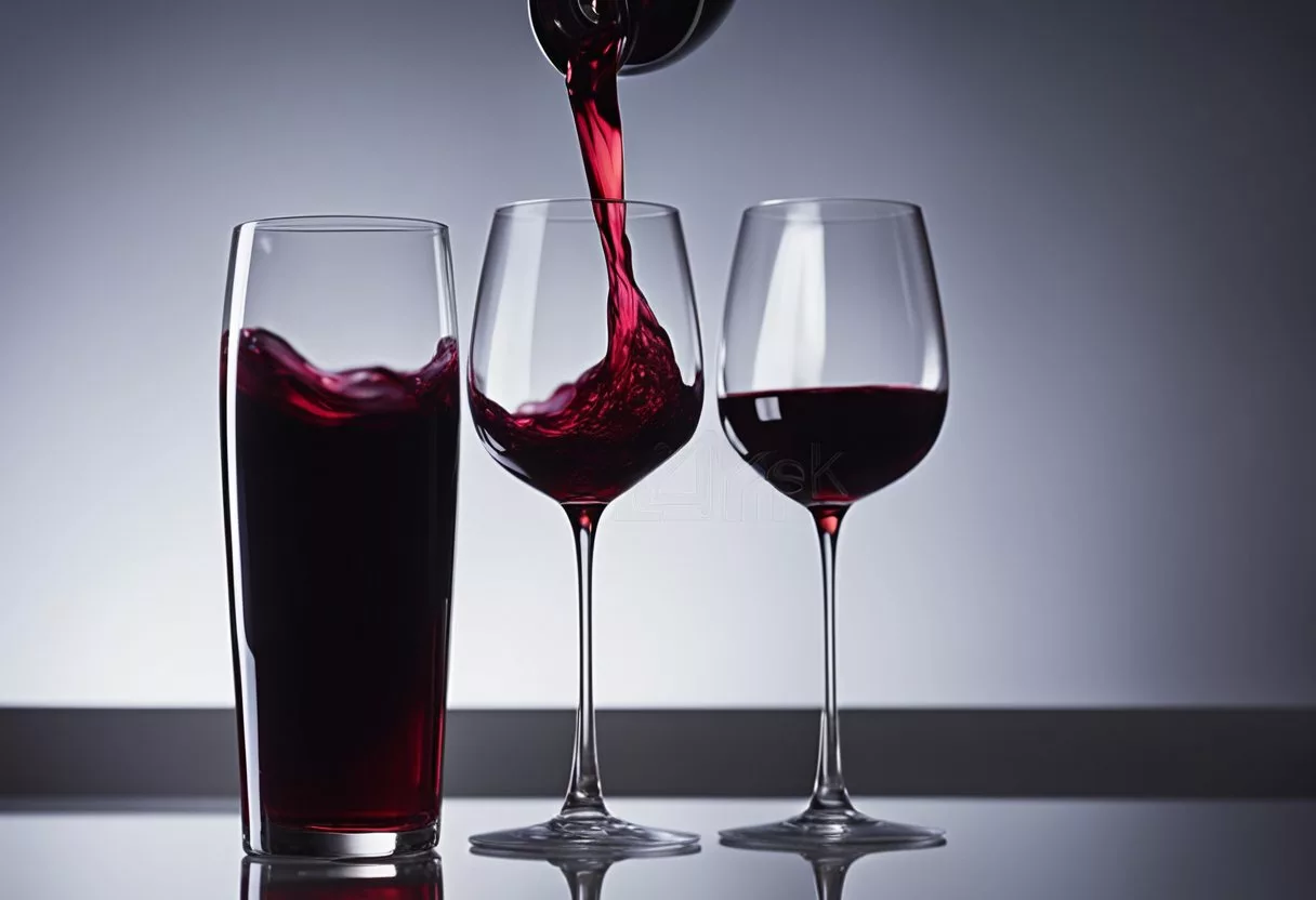 A glass of red wine is poured into a wine glass, the deep red liquid swirling as it fills the glass. The rich aroma of the wine fills the air, creating a sense of relaxation and enjoyment