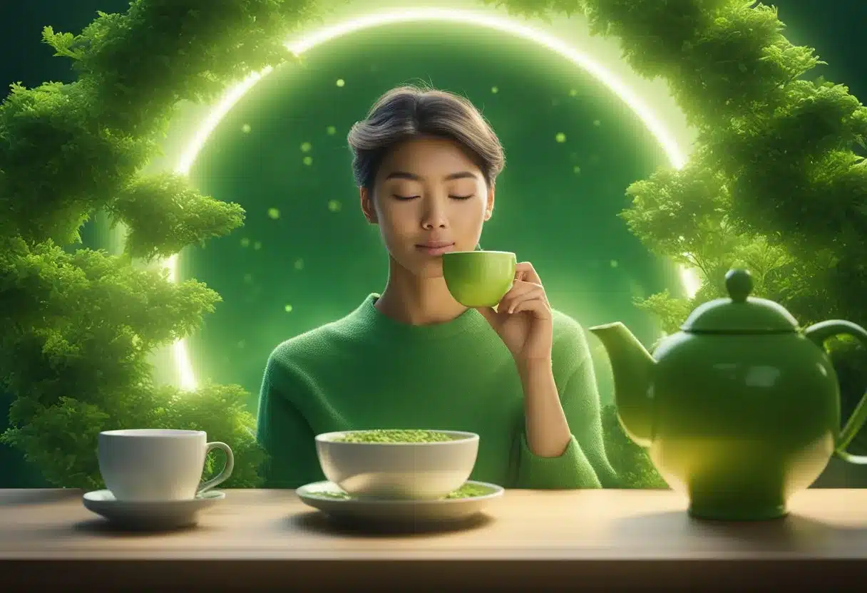 A person drinking green tea daily, surrounded by vibrant green tea leaves, with a glowing halo of health benefits and a detailed nutritional profile floating in the background