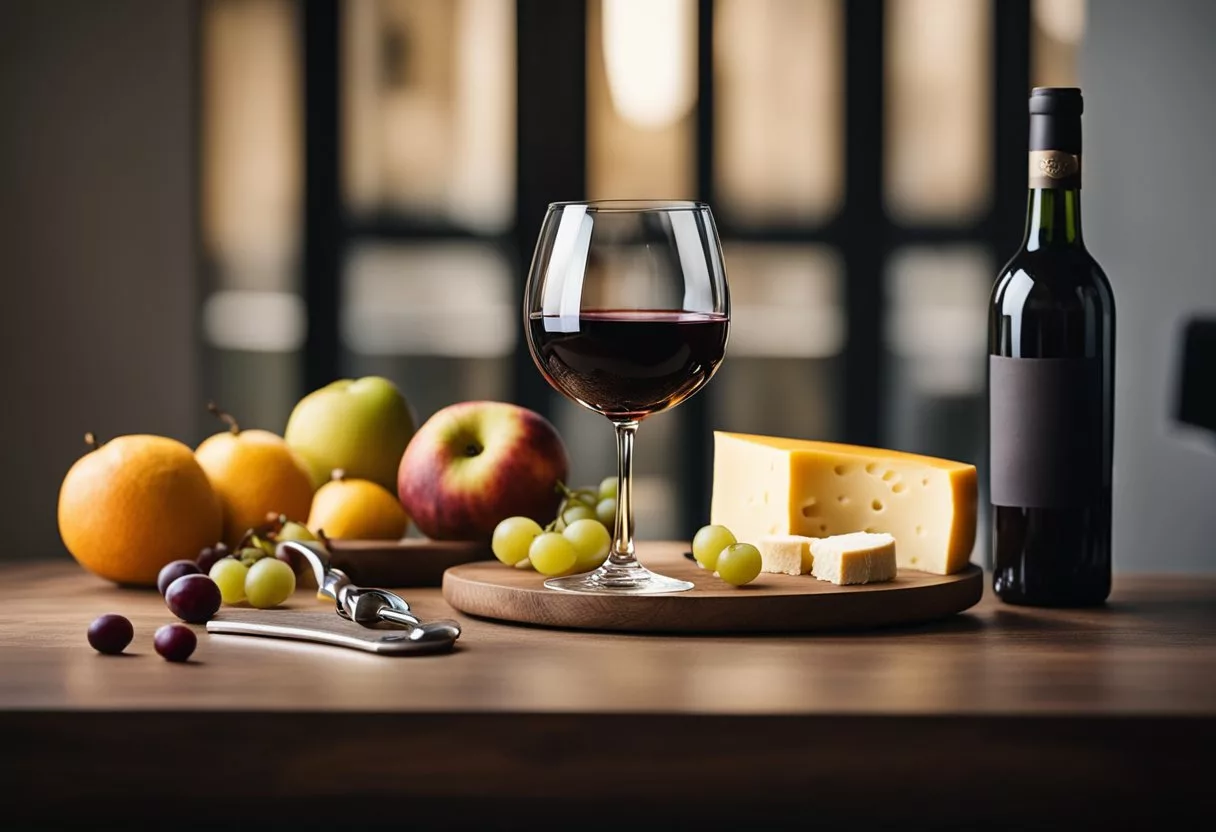 A wine glass on a table, surrounded by fruits and cheese, with a bottle of red wine and a wine opener nearby